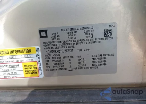 2015 GMC Acadia Slt-1 from USA, damaged, VIN 1GKKVRKD7FJ207121